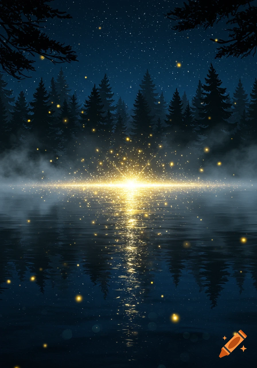 A fantasy night forest with shimmering golden lights on misty water, reflecting trees under a starry sky.