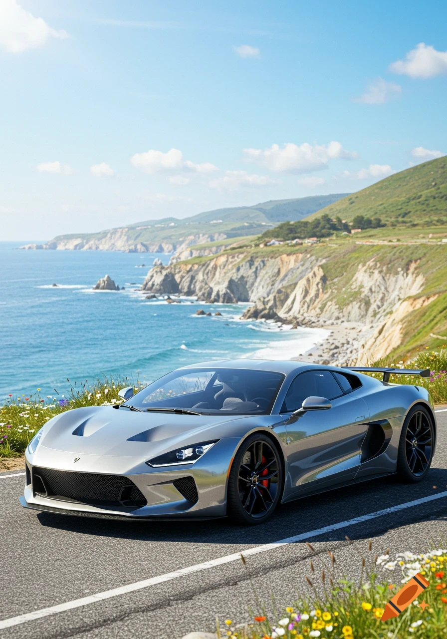 A silver sports car parked on a winding coastal road with cliffs, a blue ocean, and wildflowers under a sunny sky.