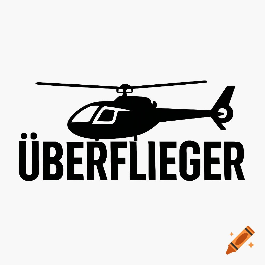 Black and white minimalist logo featuring a helicopter integrated above the German word ÜBERFLIEGER.