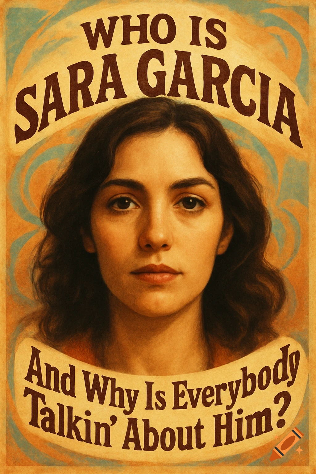 Vintage poster with a woman's portrait. Text reads 'WHO IS SARA GARCIA And Why Is Everybody Talkin' About Him?'