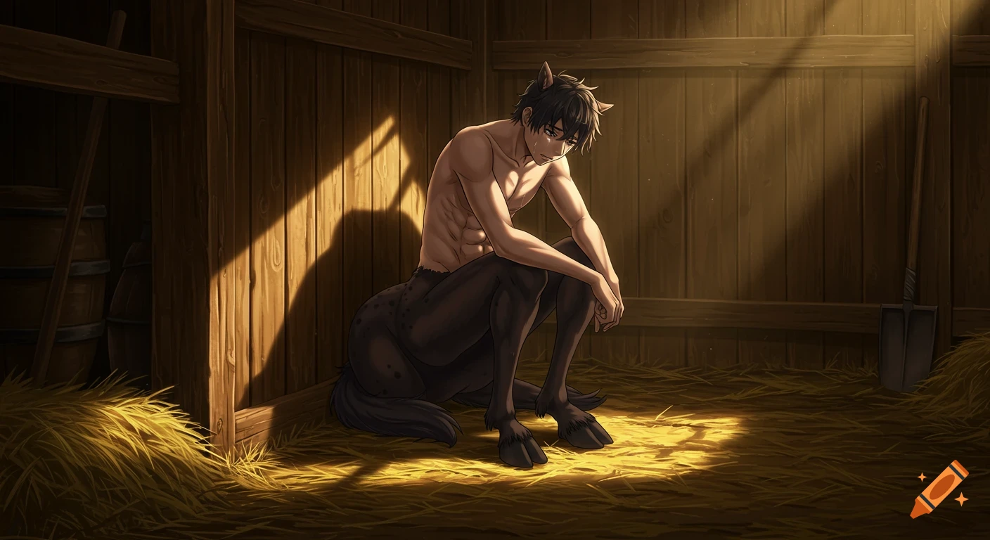 A shirtless male centaur with dark equine legs cries while sitting on hay in a barn stall, bathed in sunlight, in anime style.