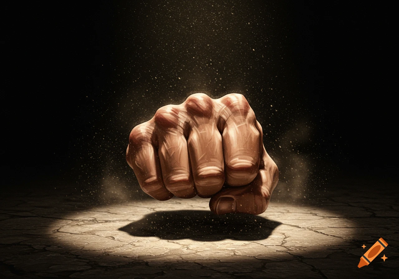 A dramatically lit, clenched fist appears to be punching cracked ground, surrounded by dust particles.