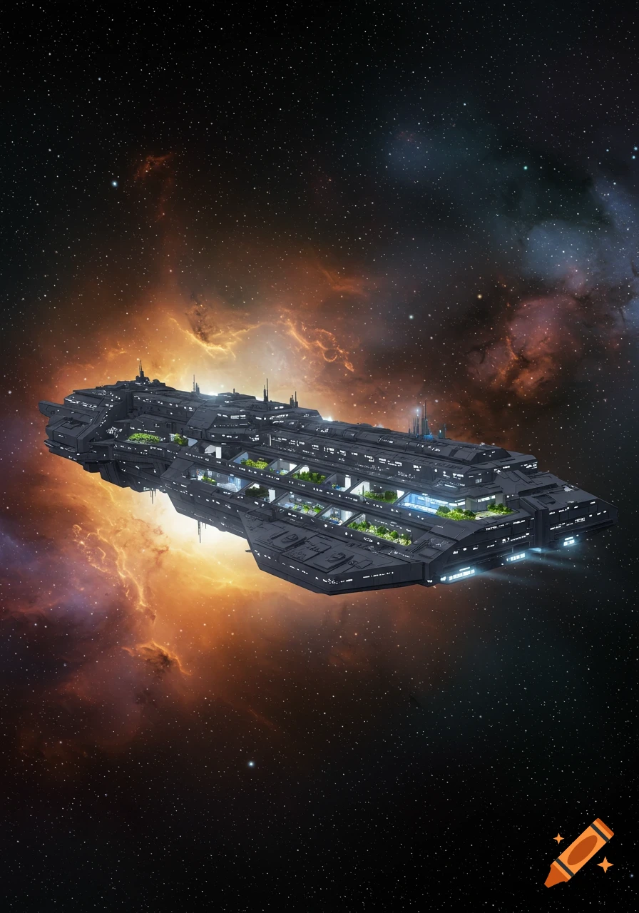 A massive futuristic star cruiser with interior green gardens and blue illuminated sections, set against a vibrant orange and purple nebula in deep space.