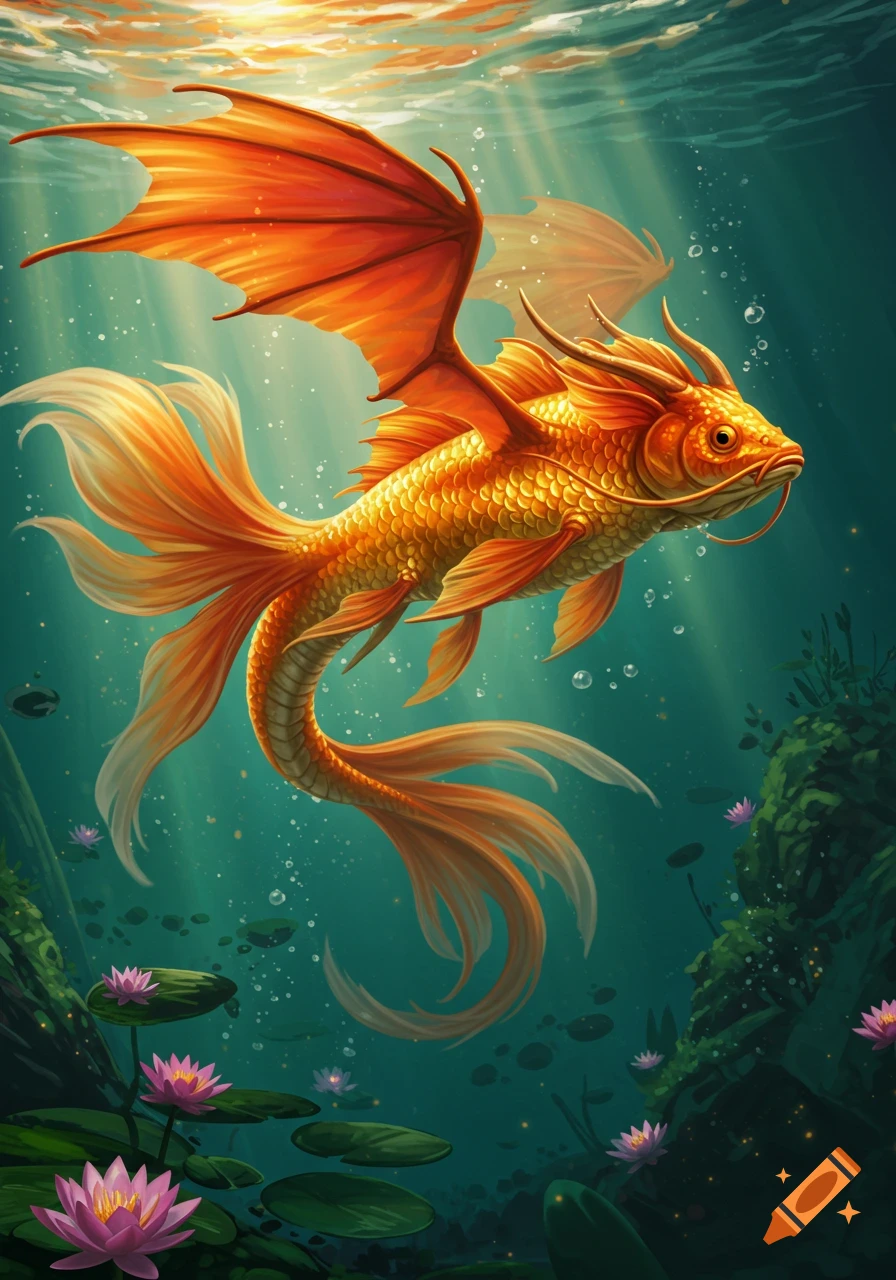 A majestic orange goldfish with dragon wings and horns swims in clear blue-green water with lily pads, sunlight filtering from above.