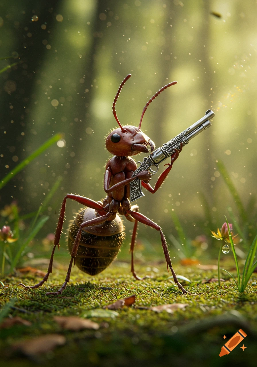 A photorealistic ant holding a decorative silver gun stands on mossy ground in a sunlit forest with bokeh background.