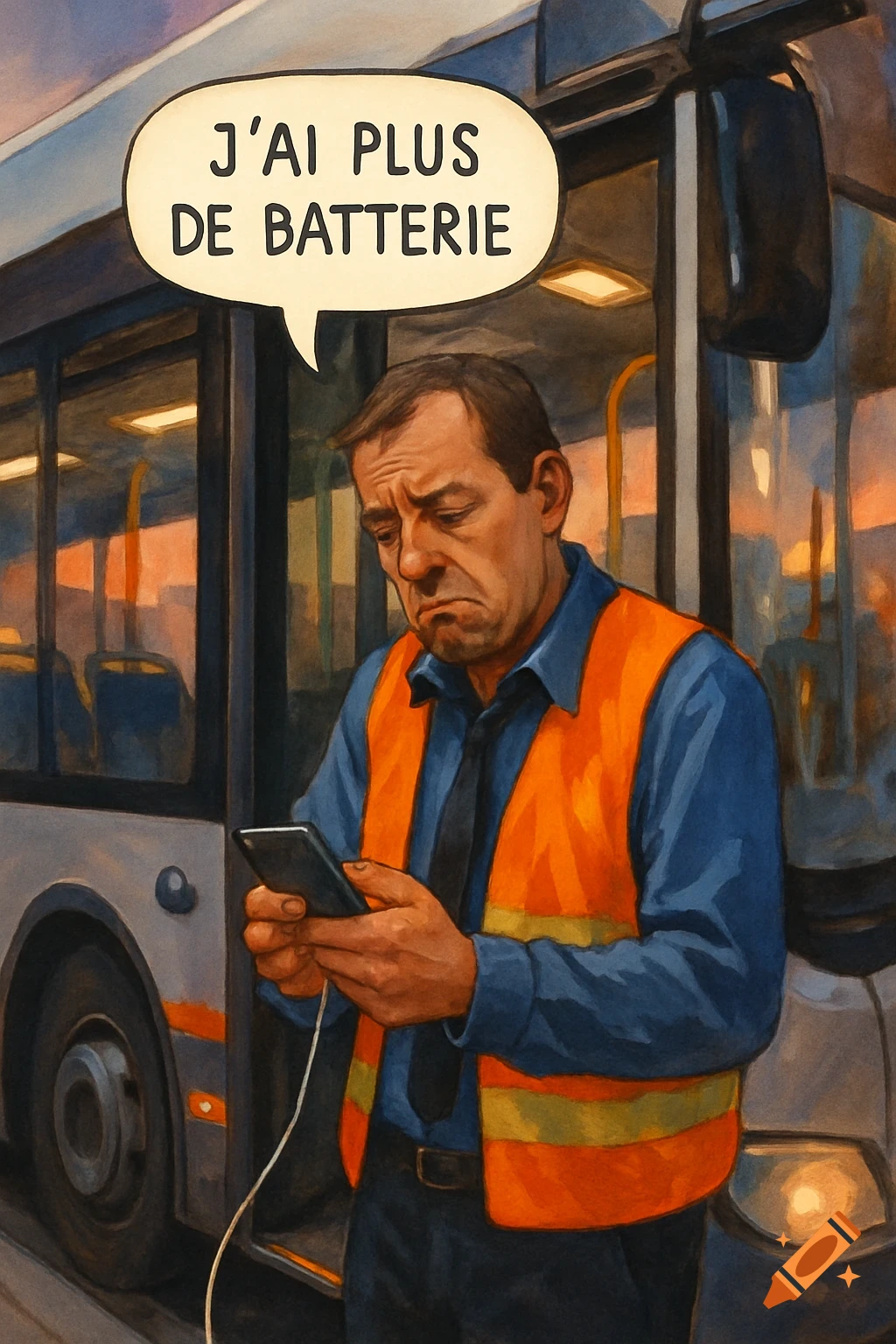Illustration of a sad bus driver in an orange vest plugging his phone into a bus, with a speech bubble saying 'I have no more battery'.