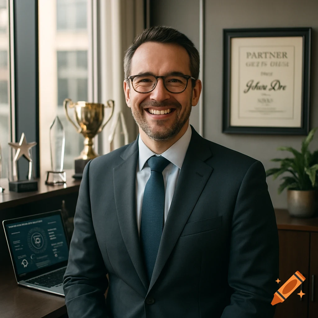 A smiling businessman in a suit and tie sits at a desk with awards, a laptop, and a framed certificate.