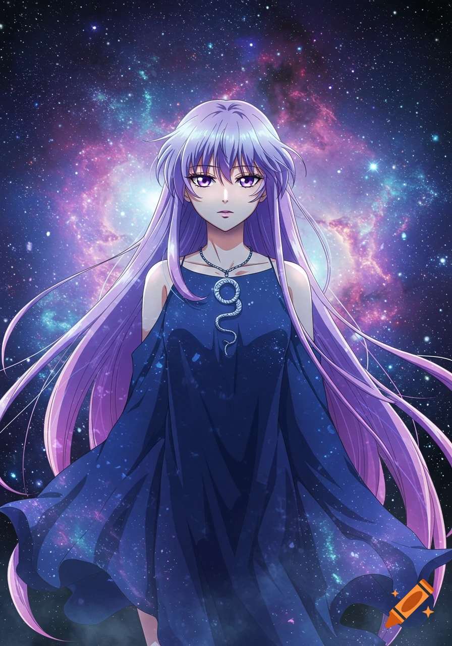 An anime girl with long purple hair and purple eyes, wearing a deep blue dress and an Ouroboros pendant, stands against a vibrant galaxy background.