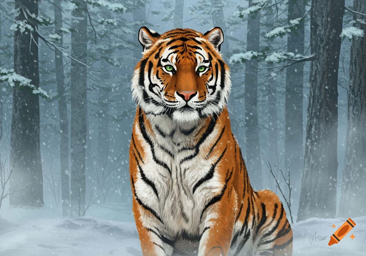 A majestic Amur tiger with green eyes sits calmly in a snowy forest as snowflakes fall, digital art.