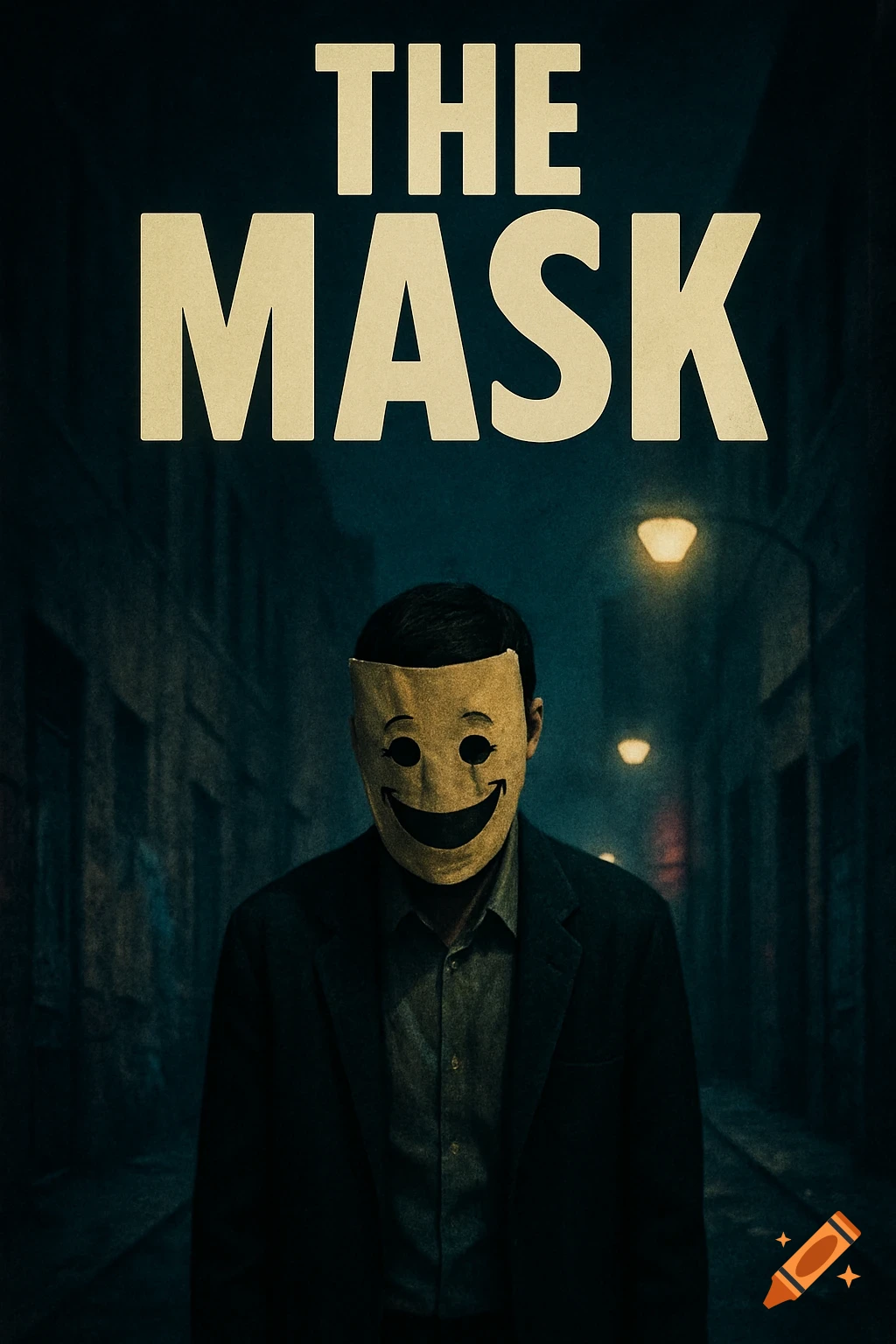 A dark movie poster for 'THE MASK' shows a man in a suit wearing a yellow smiley-face mask, standing in a dim alley.