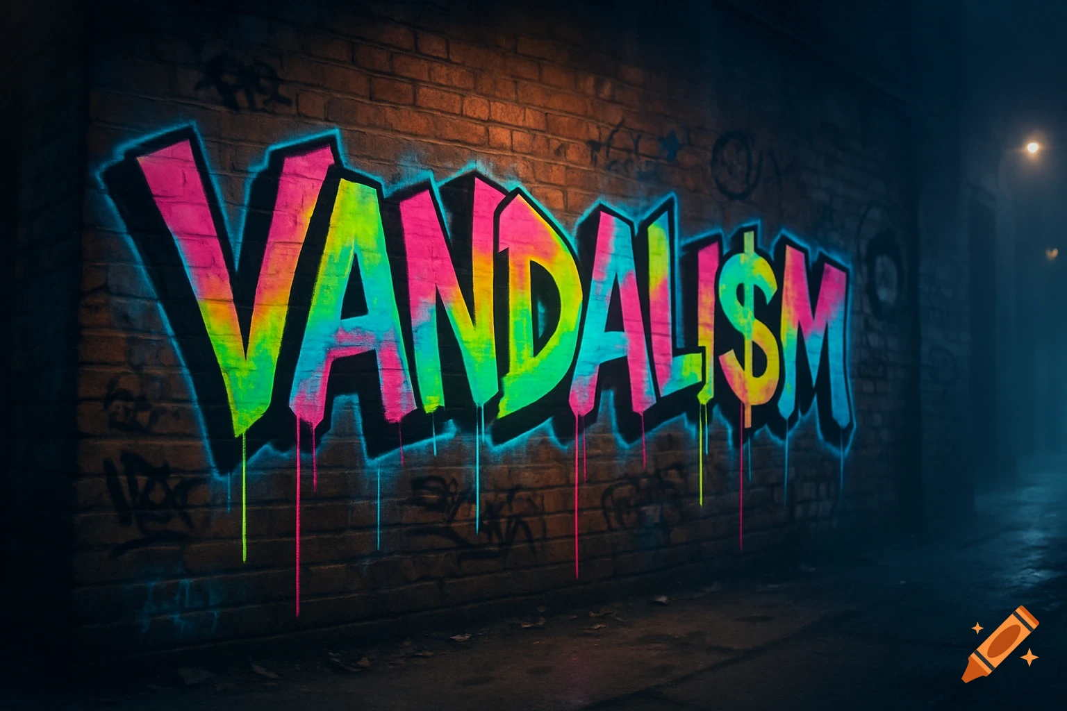 Colorful graffiti spelling VANDALI$M on a dark brick wall in an urban alleyway.