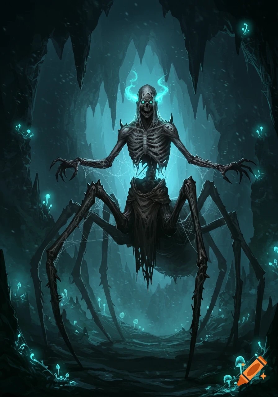 A skeletal drider creature with glowing blue eyes and horns stands in a dark, ominous cave with glowing blue mushrooms and stalactites.
