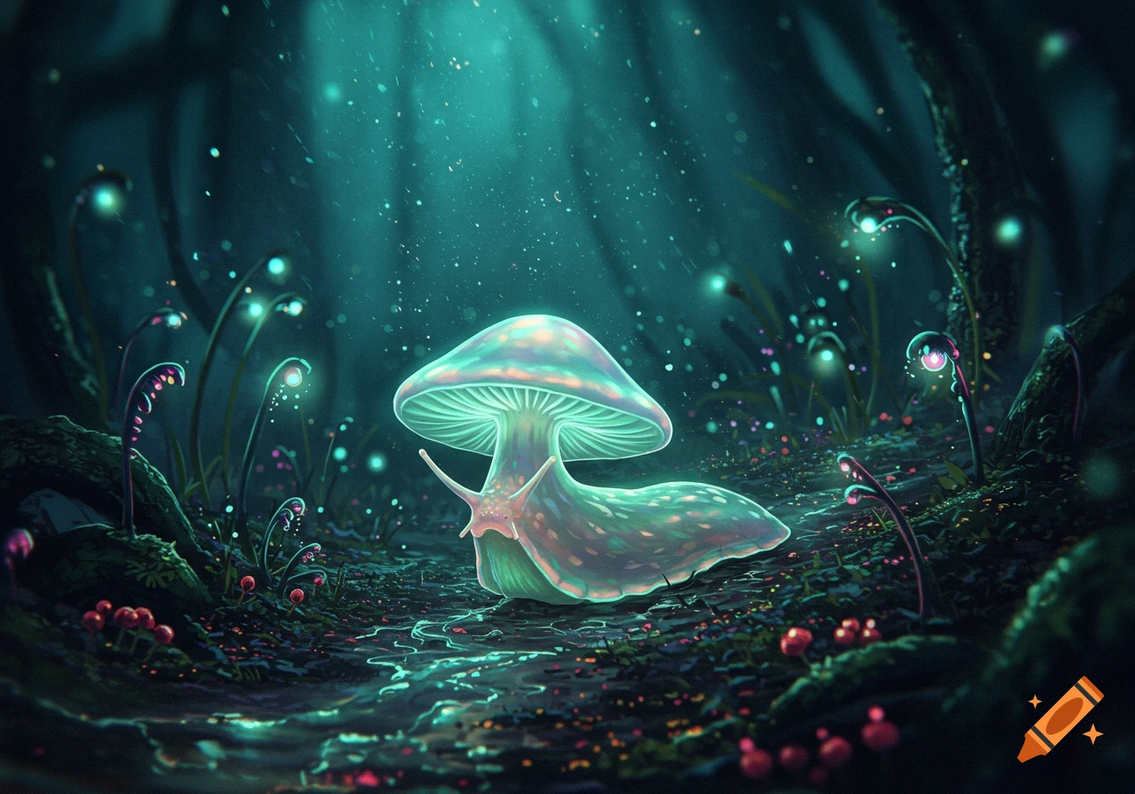 A bioluminescent mushroom-capped slug crawls on a glowing forest floor with other glowing plants and ethereal light rays.