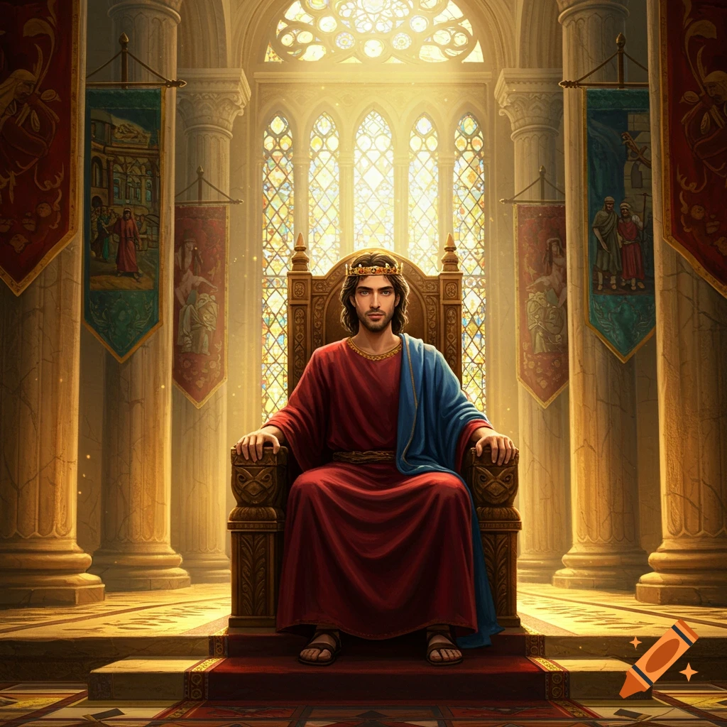 A man with a crown sits majestically on an ornate throne in a grand hall with stained glass windows and banners.