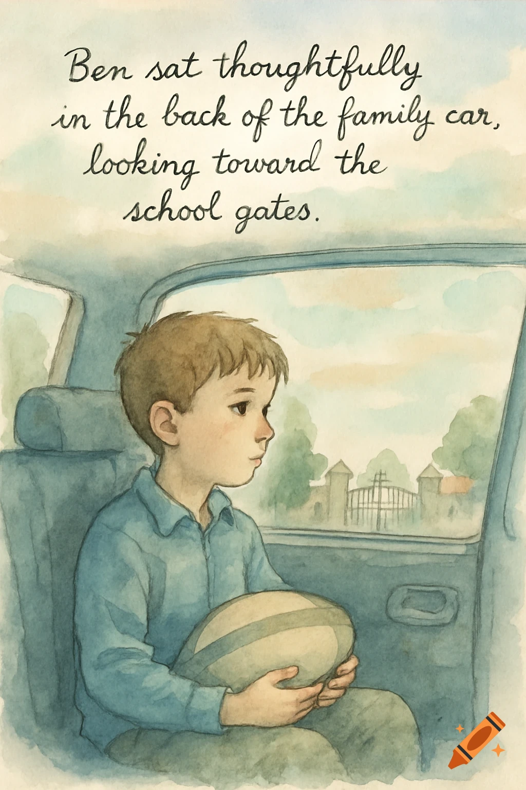 Watercolor illustration of a thoughtful boy holding a rugby ball in a car, looking out the window at school gates.