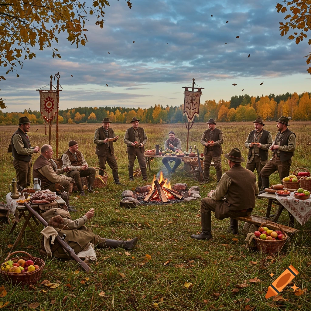 A group of hunters in historical clothing gather around a campfire in an open field, with autumn trees in the background under a cloudy sky.