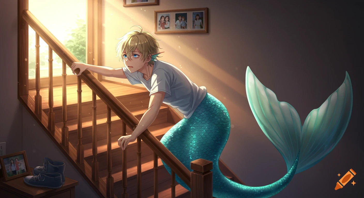 Anime merman with blond hair and blue tail struggles to pull himself up a sunlit wooden staircase, holding the railing.