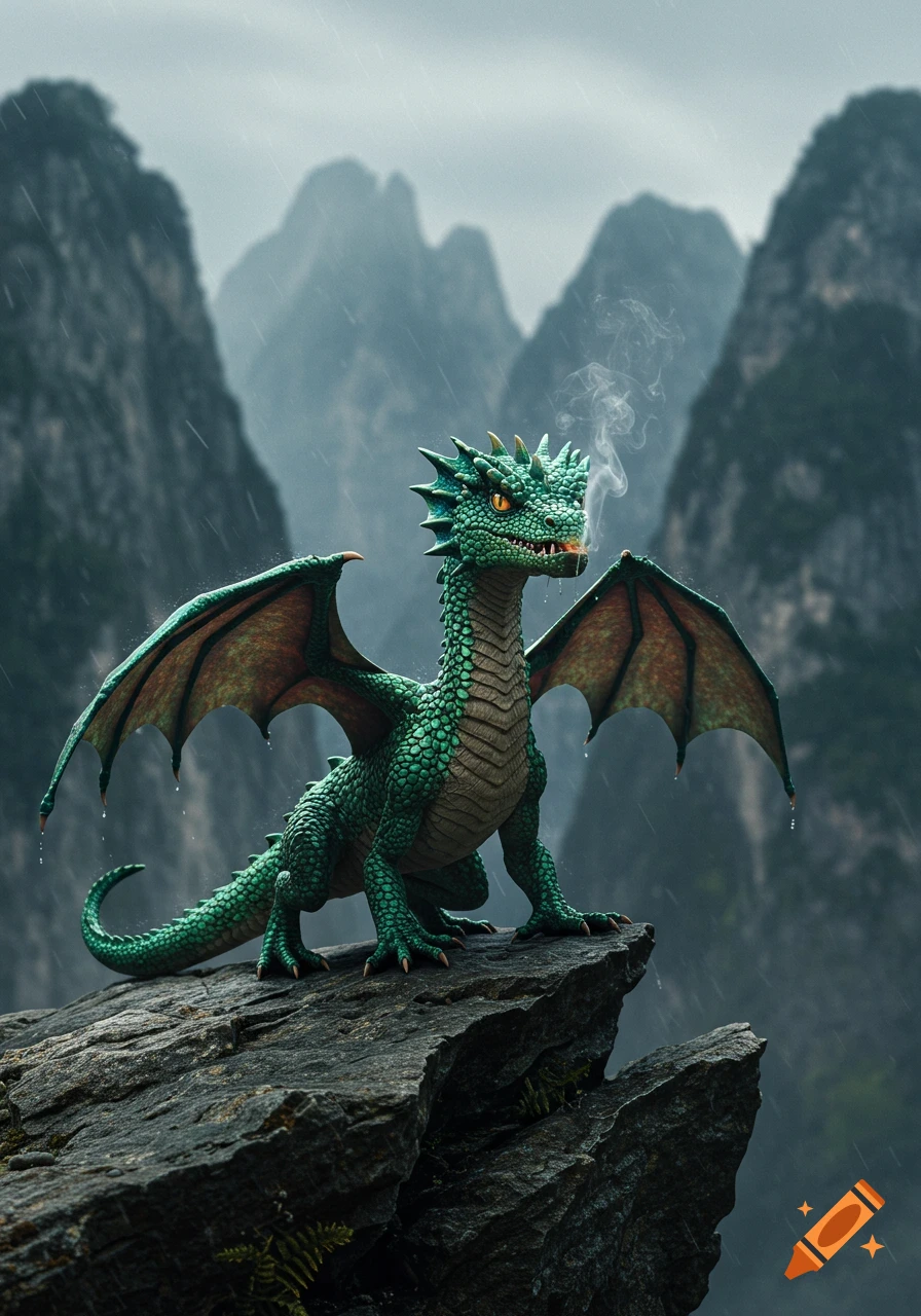 A small, angry green dragon with smoke from its mouth stands on a rocky peak in the rain, misty mountains in the background.