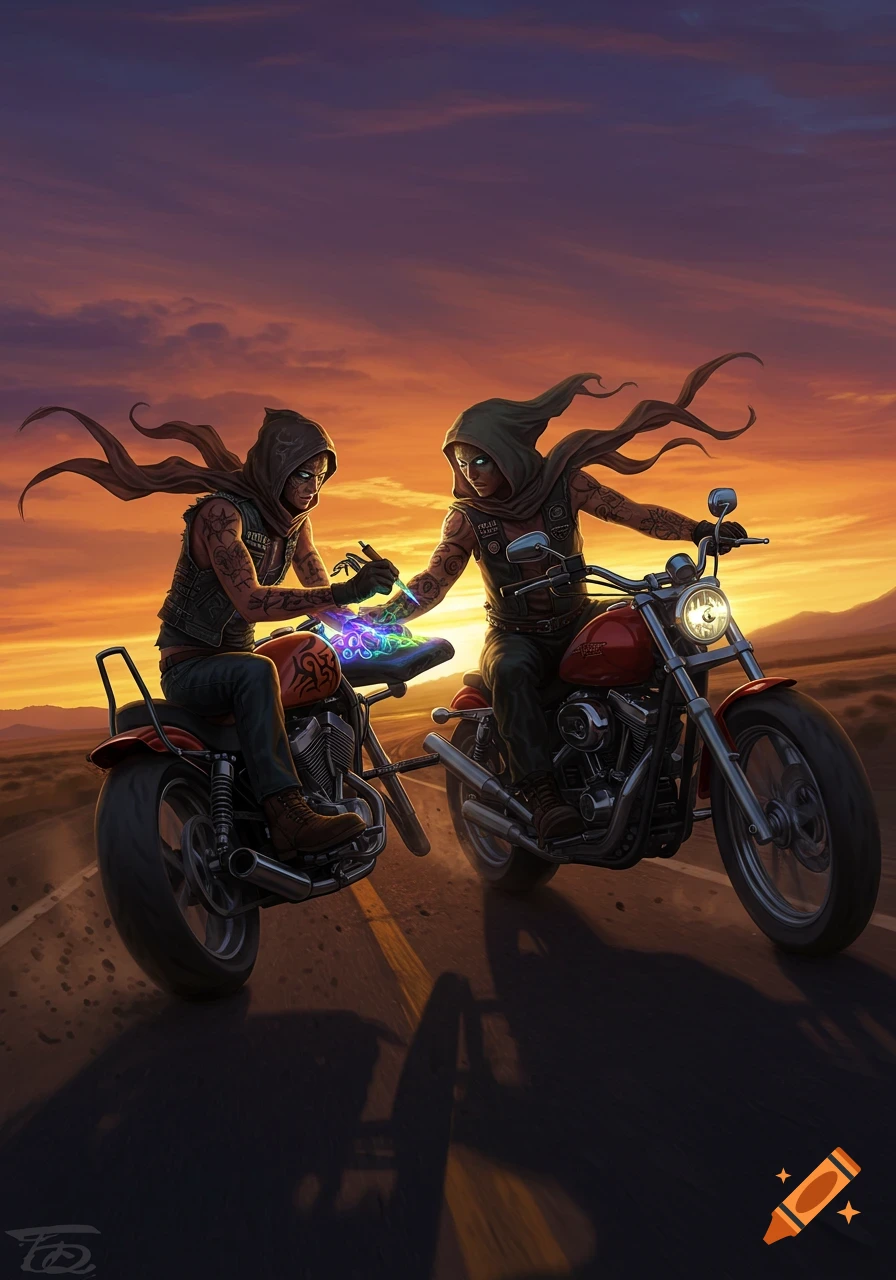 Two hooded figures on motorcycles, one tattooing the other's arm with glowing ink, against a vibrant sunset in a desert.