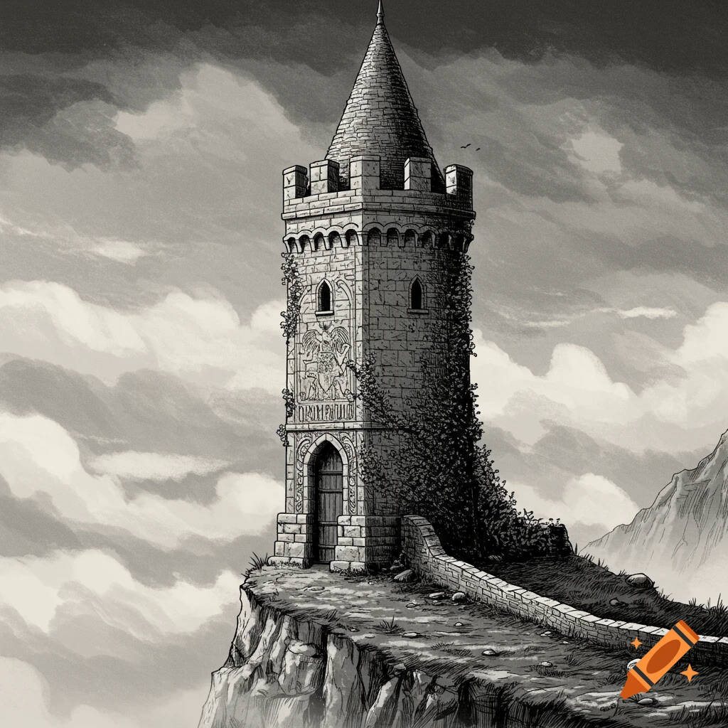 A monochromatic drawing of a tall, stone turret tower standing on a cliff edge under a cloudy sky.