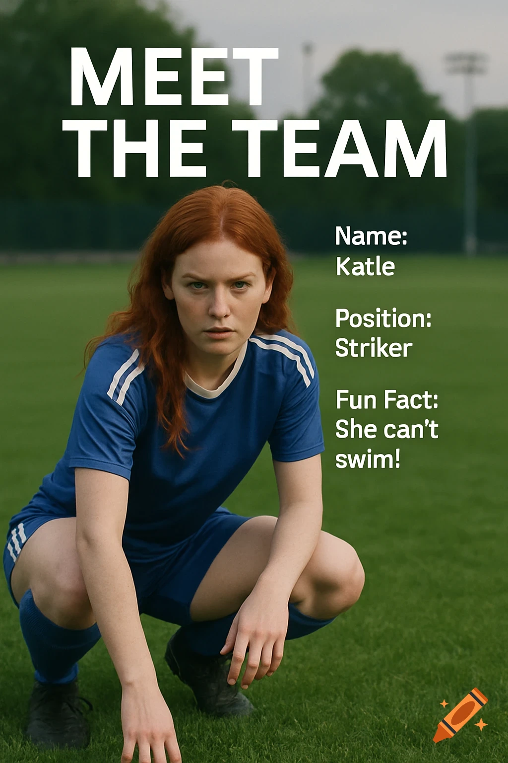Red-haired female soccer player in a blue uniform squats on a green field, with text introducing her as Katle, Striker.