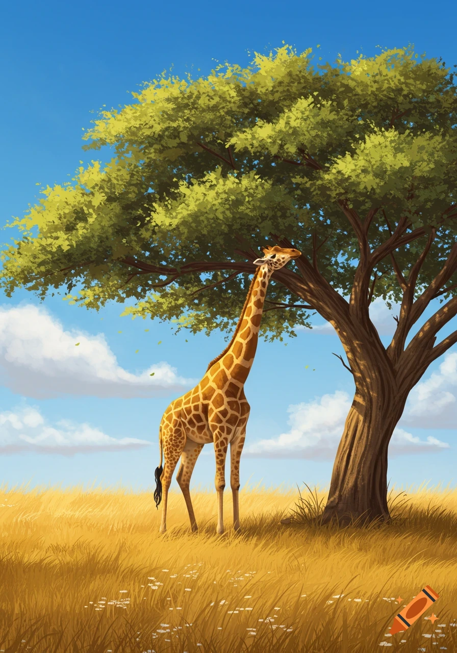 An illustrative image of a giraffe standing under a large green tree in a golden savanna under a blue sky with white clouds.