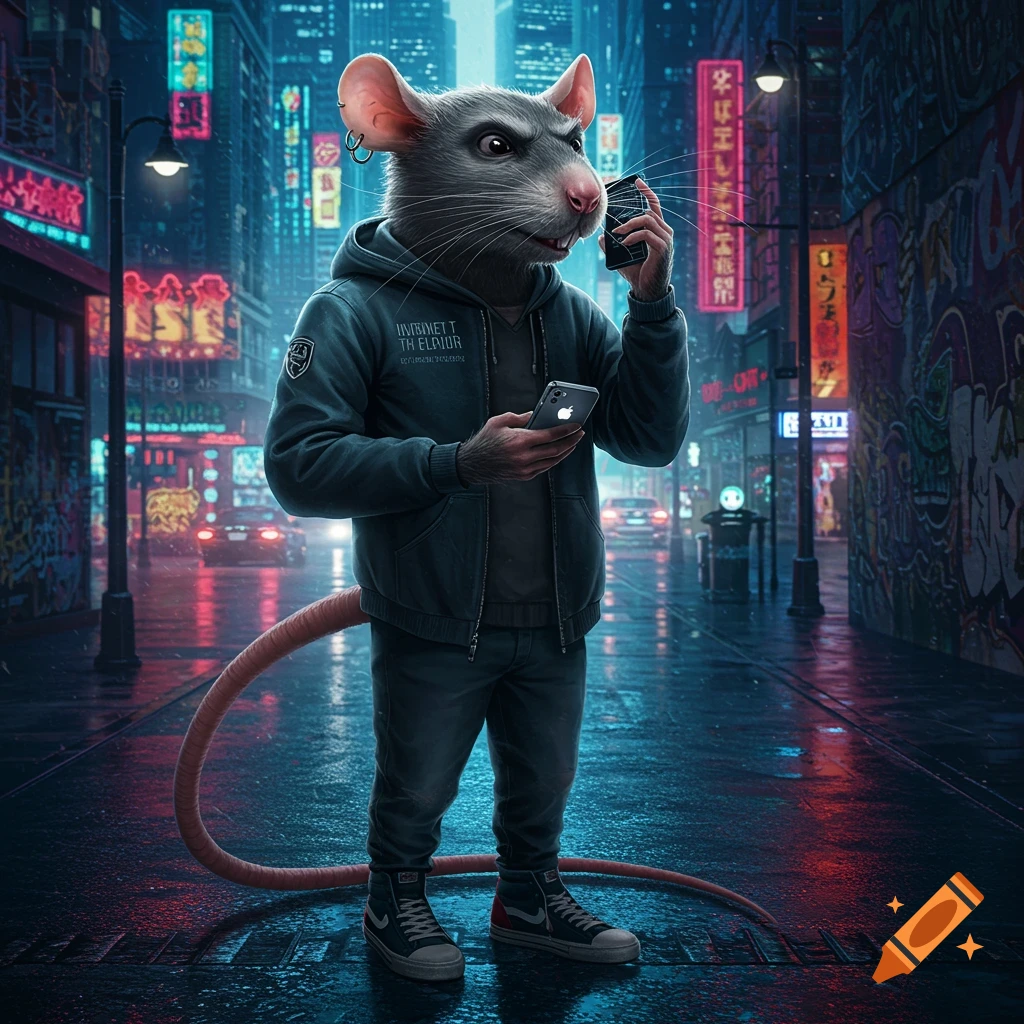 A photorealistic humanoid rat in a hoodie and sneakers holds a smartphone on a neon-lit, wet urban street at night.