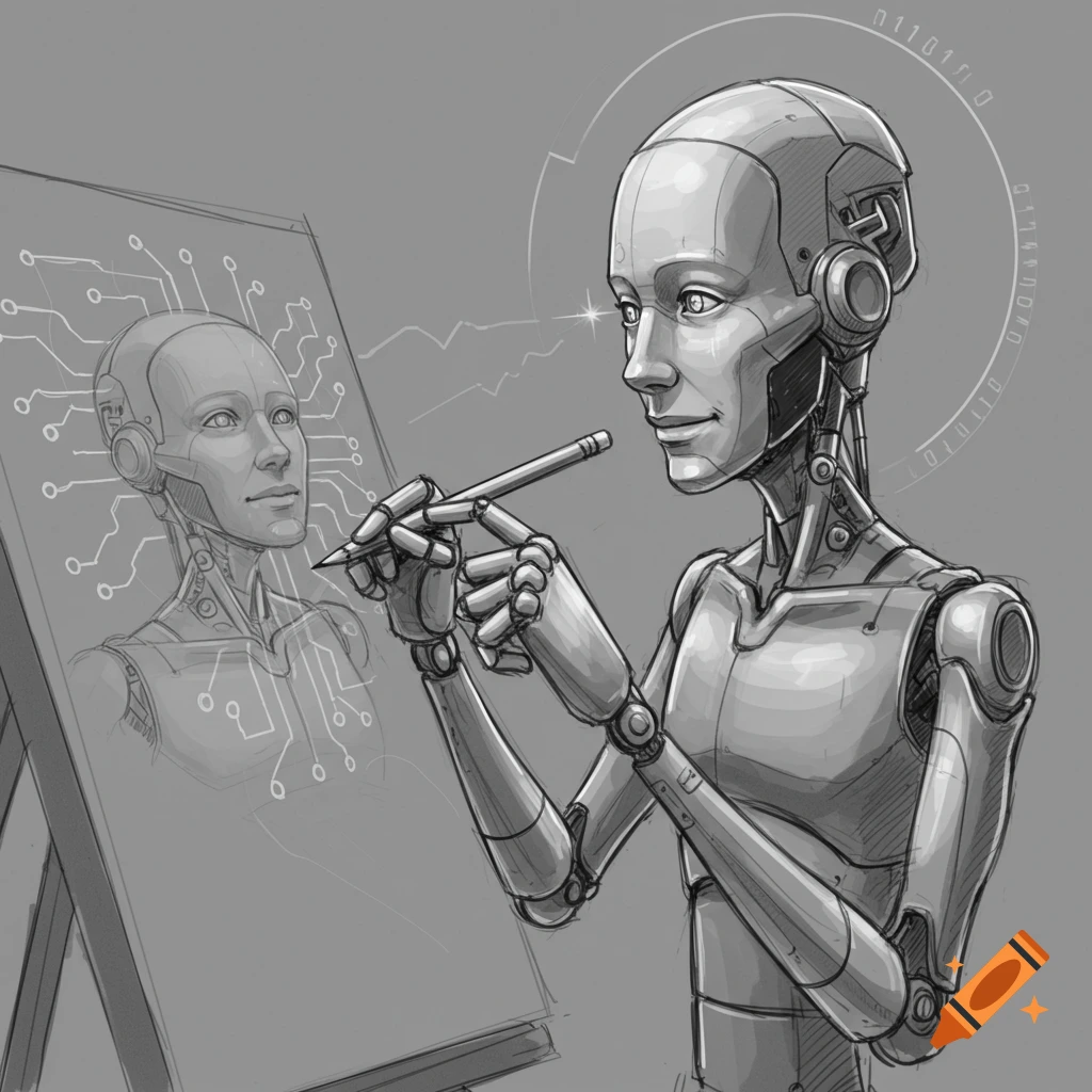 A monochromatic sketch of a robot drawing a self-portrait with circuit lines around its head and on the canvas.
