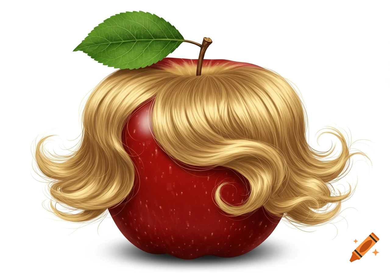 A vibrant red apple with flowing blonde hair, a green leaf, and a brown stem on a white background, in an illustrative style.