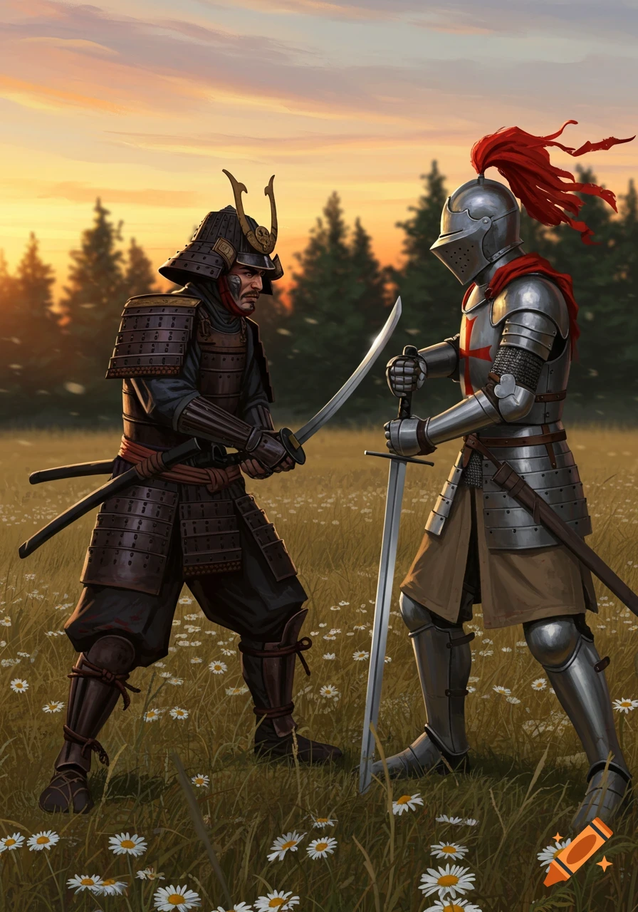 A samurai and a knight in full armor stand in a daisy-filled field at sunset, facing each other with swords drawn.