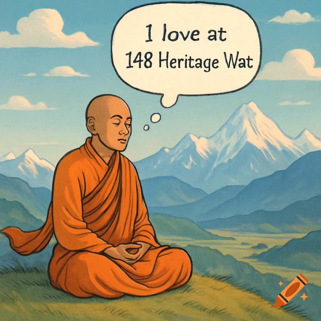 A bald monk in an orange robe meditates on a green hill overlooking snowy mountains under a blue sky, with a thought bubble saying 'I love at 148 Heritage Wat'.