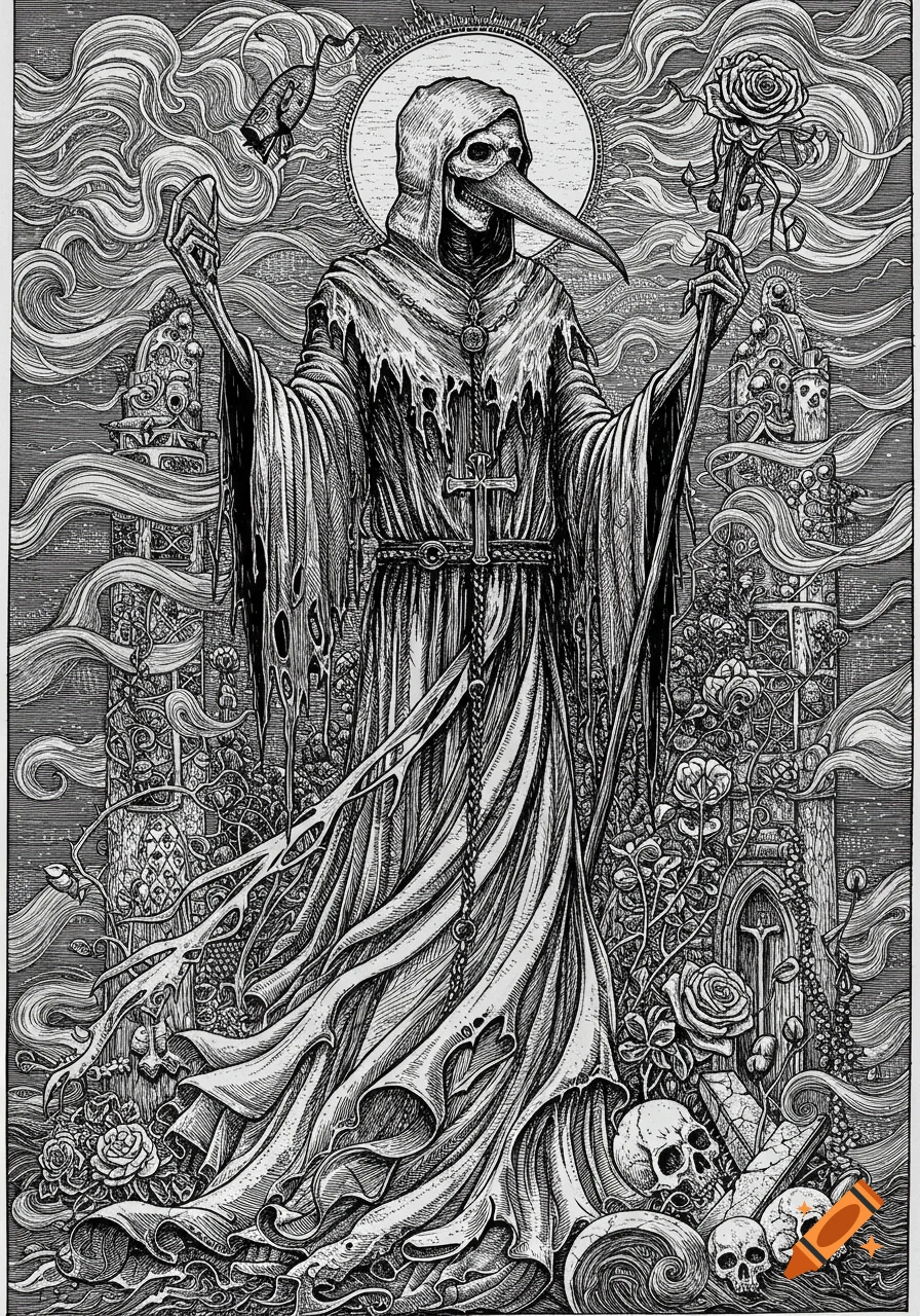 Detailed black and white line art of a hooded plague doctor in a tattered robe, holding a rose-tipped staff, surrounded by skulls and gothic elements.