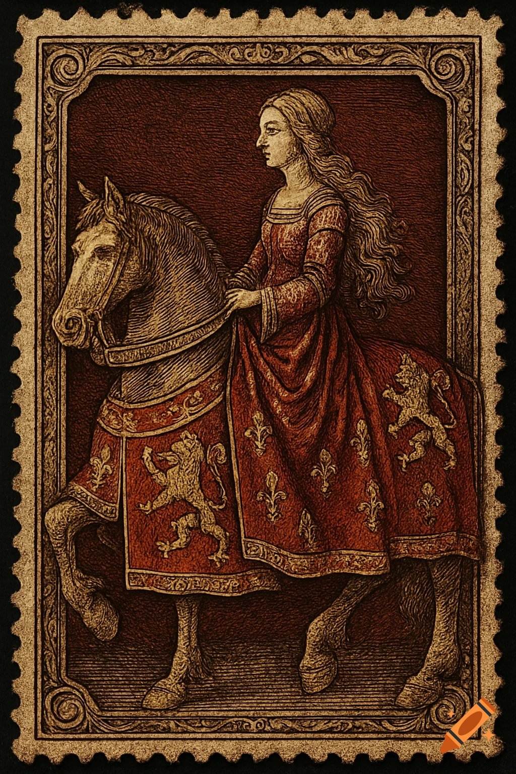 An Albrecht Dürer style stamp depicting a noblewoman with long, flowing hair riding a horse adorned with a red caparison featuring fleur-de-lys and lions.