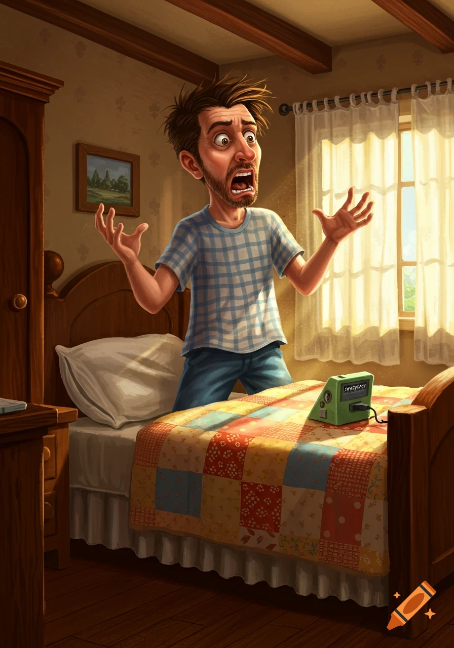 A cartoon man with messy hair and a beard, wearing pajamas, stands on a bed yelling at a green device on a colorful quilt in a sunlit bedroom.