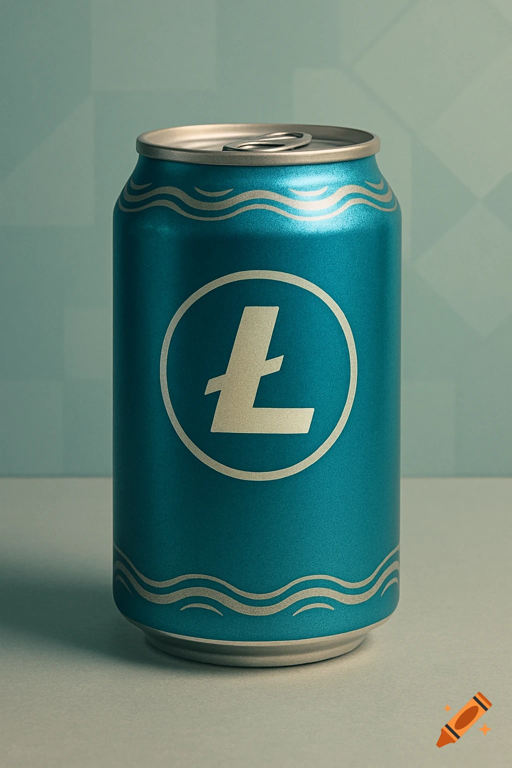 A retro teal blue aluminum can with a silver Litecoin logo and wavy patterns, sitting on a light surface.