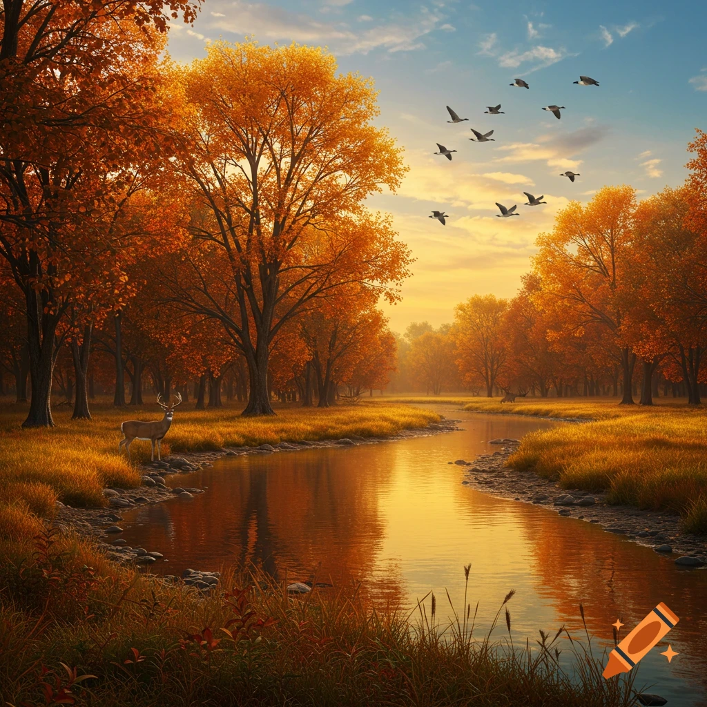 Photorealistic autumn landscape with a river, golden trees, a deer standing by the water, and birds flying under a glowing sky.
