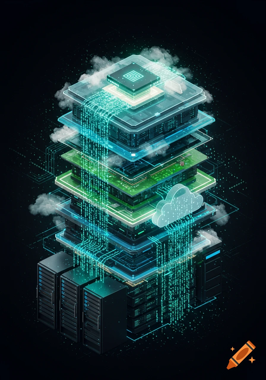 A layered isometric illustration of a technology stack with glowing data streams, server racks, and a cloud symbol.