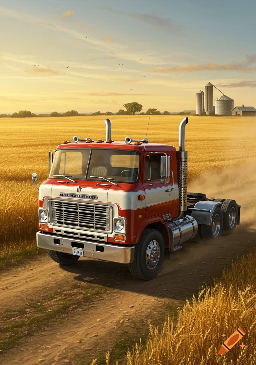 A red and white International Harvester truck drives down a dirt road through a golden wheat field at sunset, with farm silos in the background.