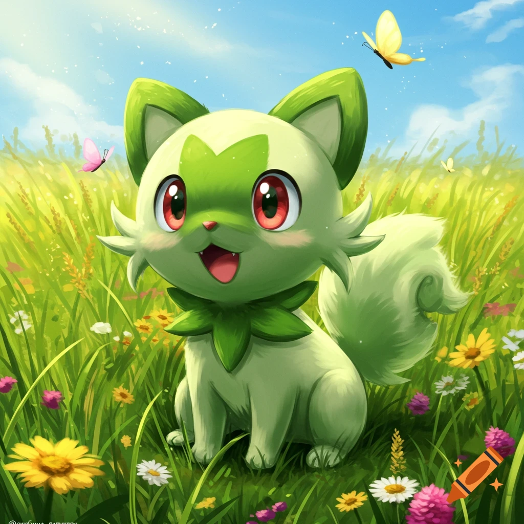 A cute green Sprigatito in a field of wildflowers under a sunny sky with butterflies, in a vibrant cartoon style.