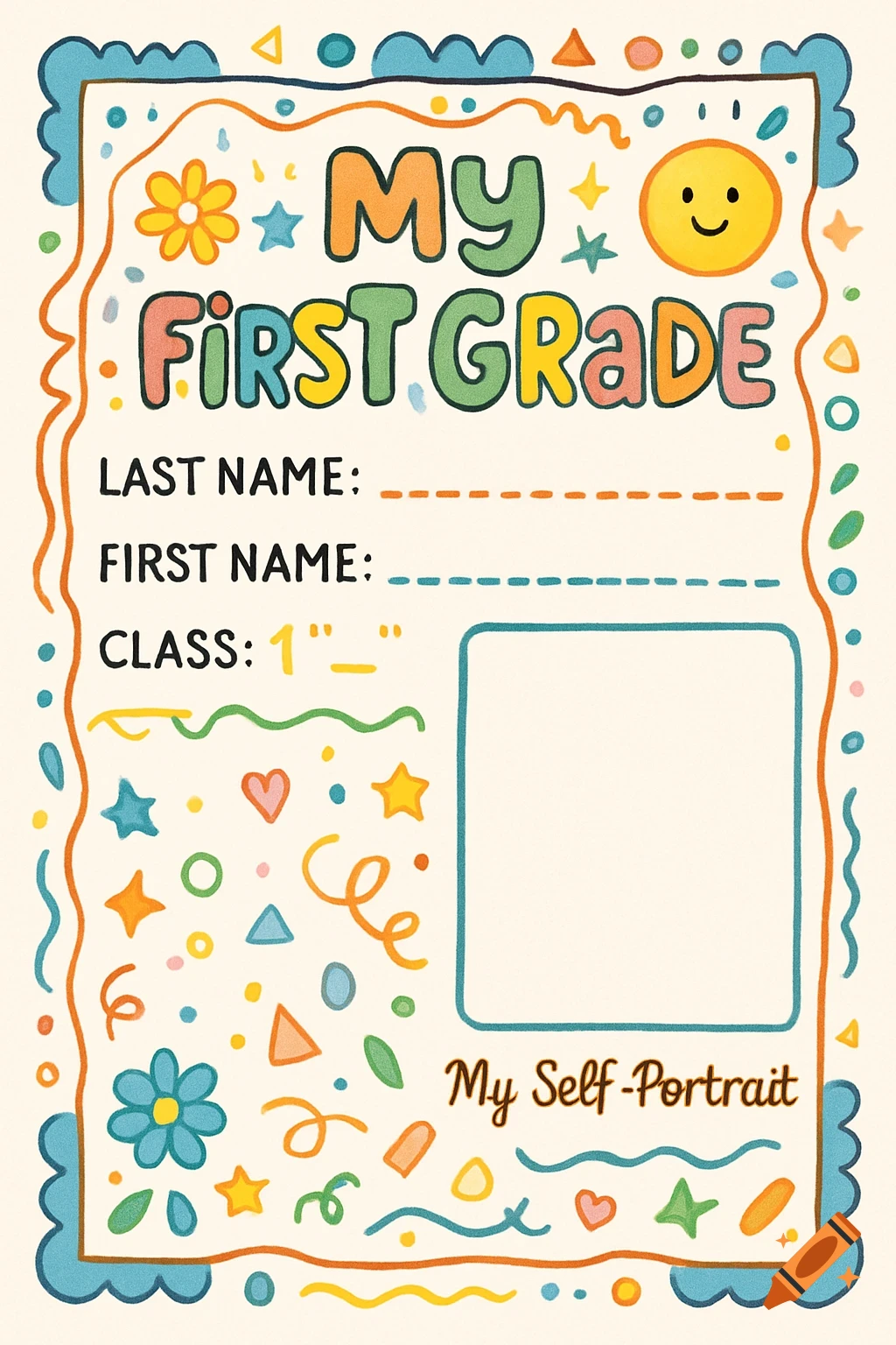 Colorful 'My First Grade' school form with blank fields for name, class, and a self-portrait drawing area.