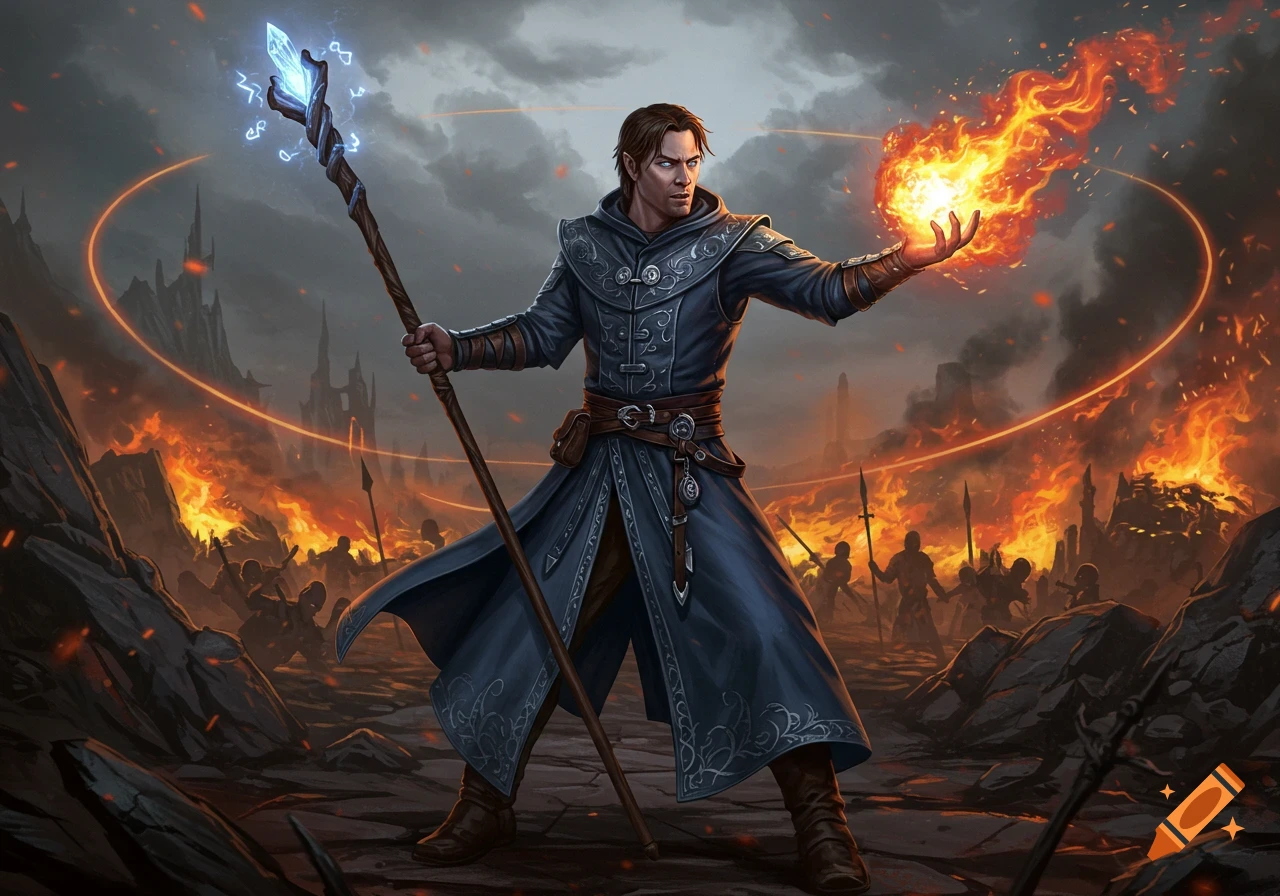 A male battlemage in a dark blue robe casts a fire spell while holding a glowing staff amidst a burning battlefield.