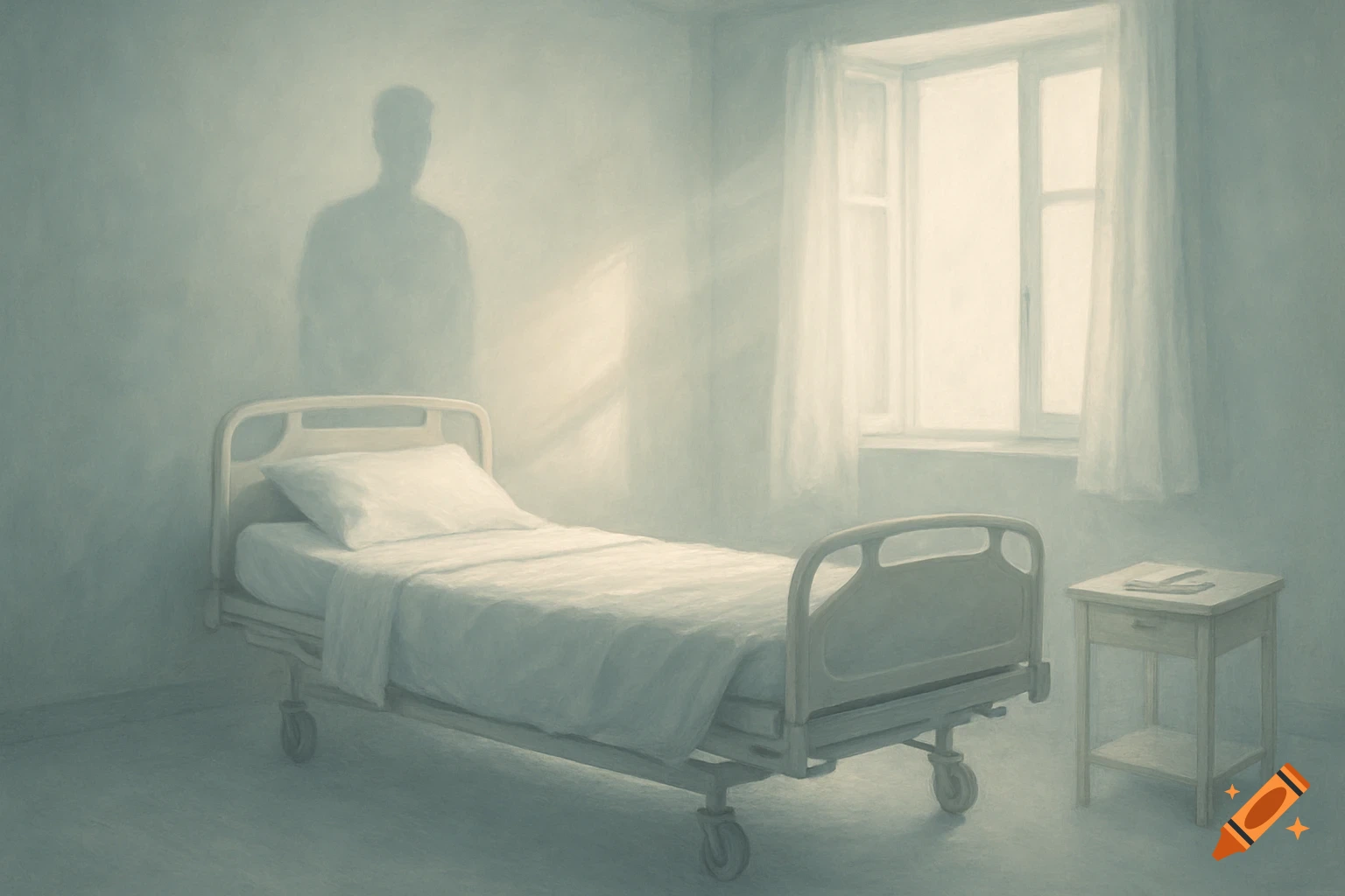 Ethereal painting of an empty hospital room with a bed, a bright window, and a shadowy figure on the wall.