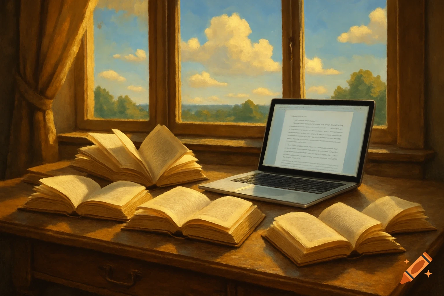 A sunlit desk with open books and a laptop showing garbled text, next to a window revealing a green landscape under a cloudy sky, in a painterly style.