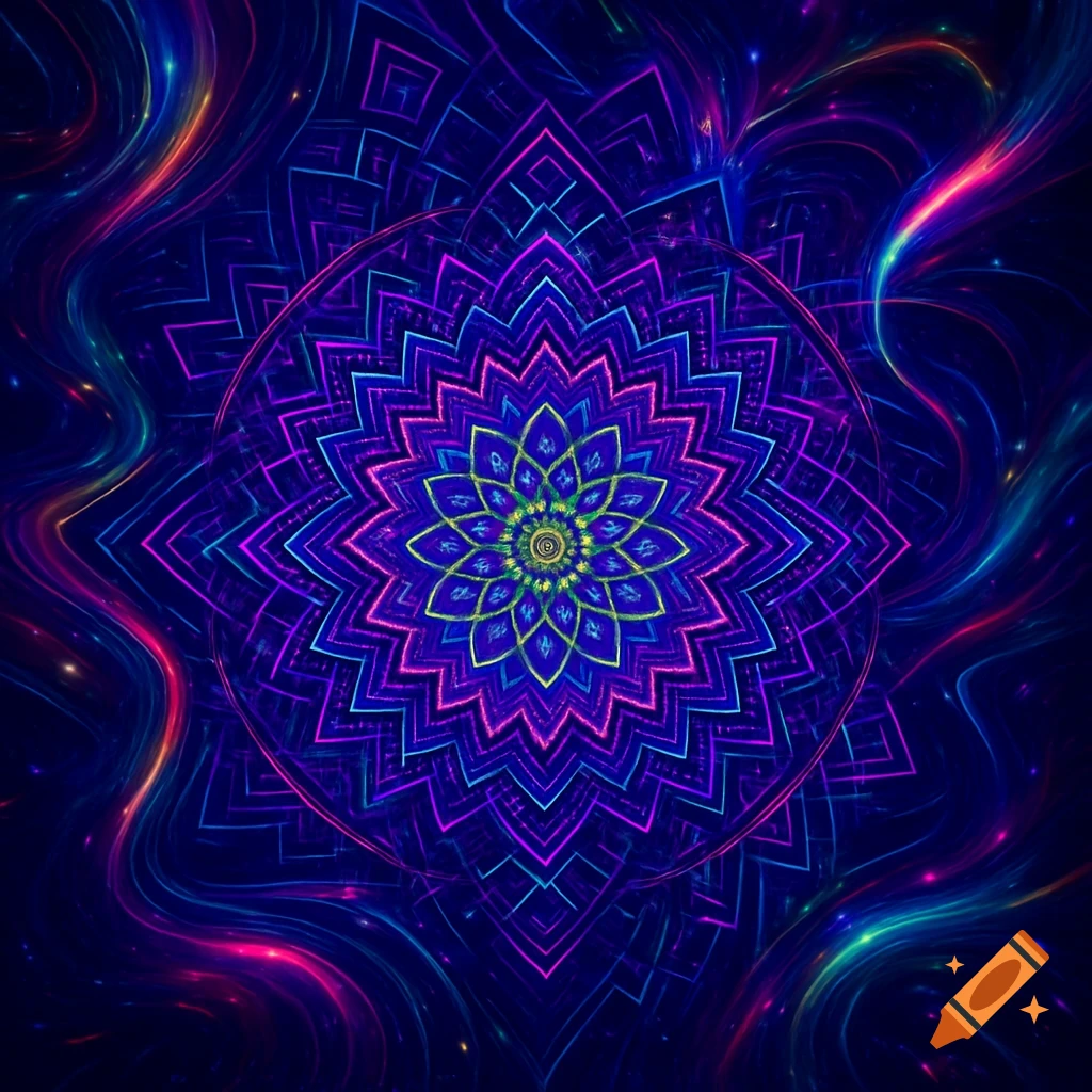 Vibrant symmetrical abstract mandala in glowing blue, purple, magenta, and green hues with swirling lines.