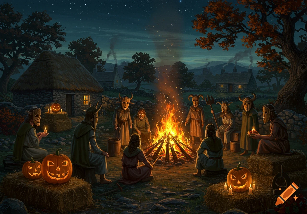Masked figures gather around a large bonfire with lit jack-o'-lanterns in a rustic village at night under a starry sky.