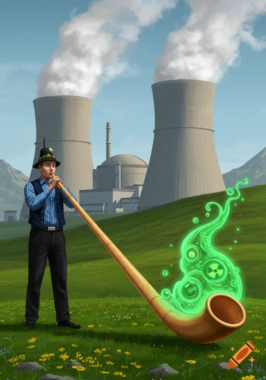 A man in traditional alpine attire plays a long alphorn in a grassy field with yellow flowers. Behind him is a nuclear power plant. Green radioactive energy glows from the alphorn's bell.