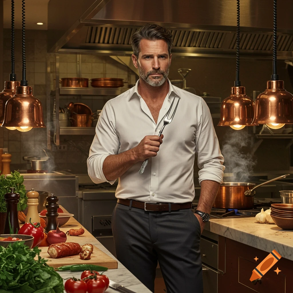 A handsome man with a beard, wearing a white shirt, holding a carving fork in a photorealistic professional kitchen setting.