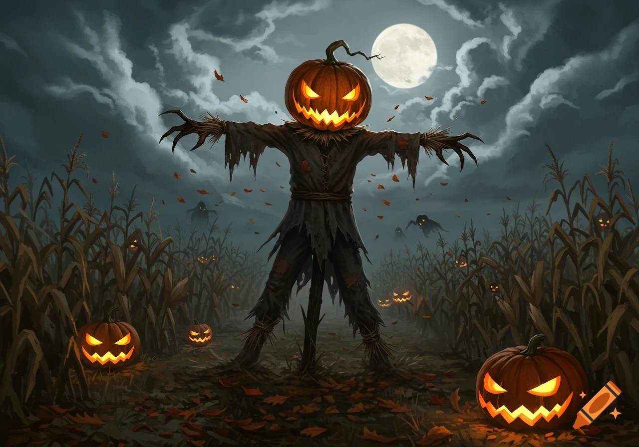 A scary jack-o'-lantern scarecrow stands in a cornfield at night under a full moon, with glowing pumpkins and shadowy figures. Stylized illustration.