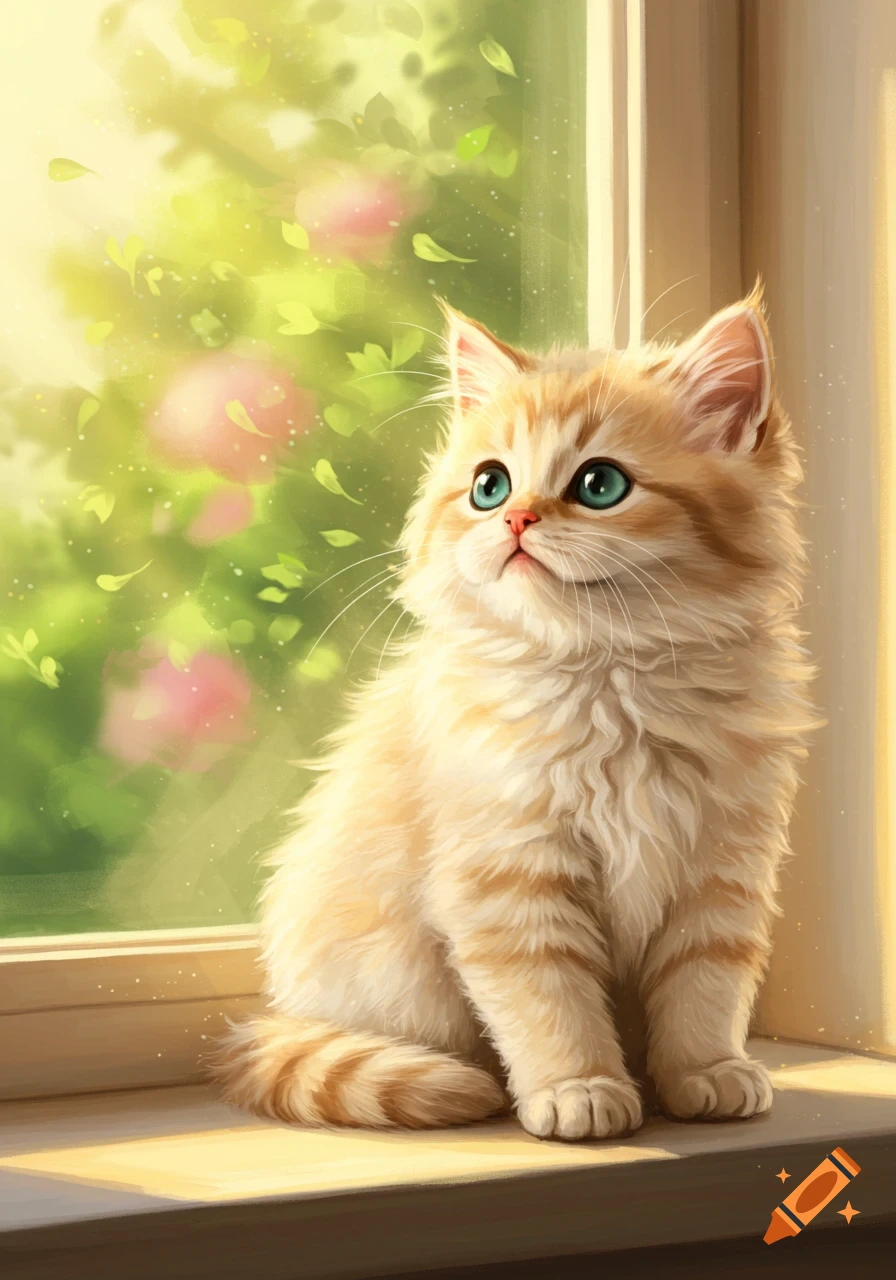 A fluffy orange tabby kitten with bright green eyes sits on a sunlit windowsill, looking up at the vibrant green foliage outside.