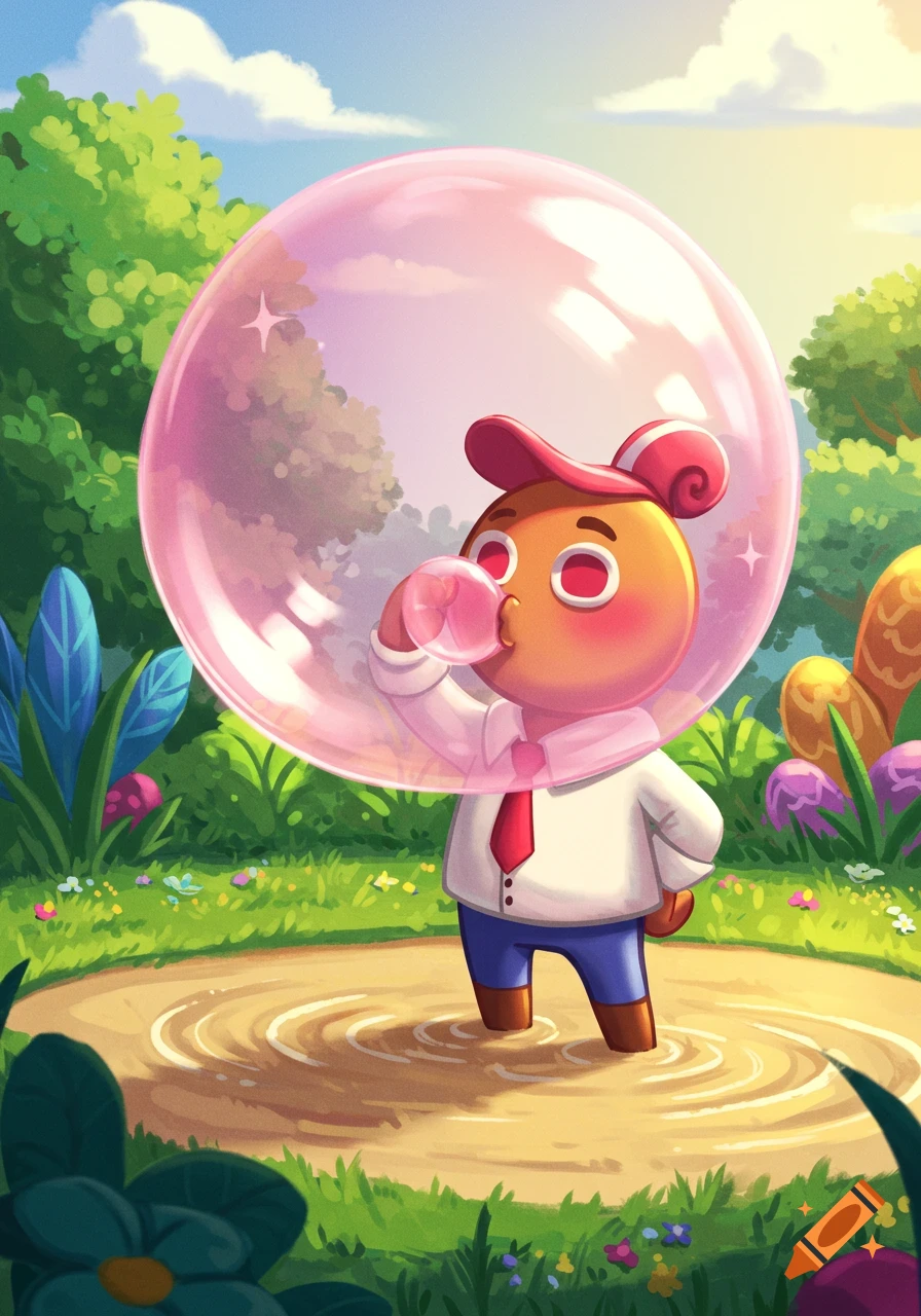 A cute, round, cookie-like character in a white shirt and red tie, blowing a huge pink bubblegum bubble in a vibrant, whimsical forest puddle.